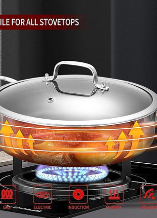 LOLYKITCH Tri-Ply Stainless Steel 10 Inch Non-Stick Sauté Pan with Lid,Induction Deep Cooking Pan, Dishwasher and Oven Safe