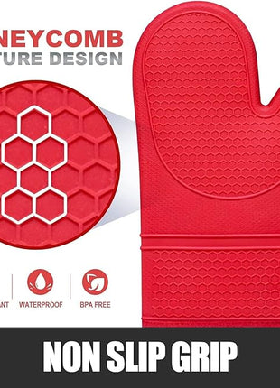 Rorecay 6pcs Oven Mitts and Pot Holders Sets for Kitchen, Extra Long Silicone Oven Gloves Heat Resistant 500 Degrees Non-Slip Potholders Hot Pads for Baking Cooking, Quilted Liner, Red