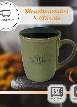 Christian Art Gifts Sage Green Stoneware Coffee Mug – 13 oz. Microwave and Dishwasher-safe Lead-free Inspirational Scripture Coffee and Tea Mug for Men & Women with Bible Verse: Be Still – Psalm 46:10