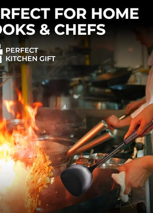 Wok Spatula and Ladle,Skimmer Ladle Tool Set,15 Inches 18/10 Stainless Steel Vintage Wok Utensils,Wok Spatula and Ladle Set with Solid Wooden Handle，Wok Accessories with Natural Cleaning Loofah Sponge