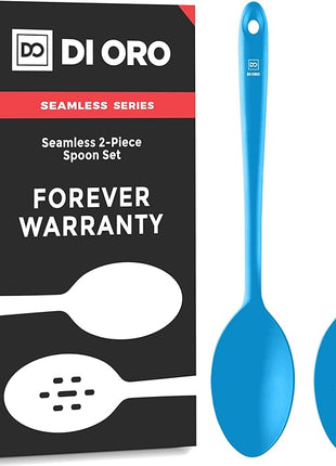 DI ORO Silicone Mixing & Serving Spoons - Large Heat-Resistant Non Stick Utensils Big Solid & Slotted Basting Spoons - Dishwasher Safe (2pc, Blue)