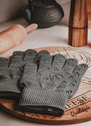 Oven Gloves with Fingers - 932°F Extreme Heat Proof and Cut Resistant Mitts for Kitchen, BBQ, Grill, Baking, Fire Pit - EN407 Certified with Non-Slip Silicone Grip and Cotton Lined for Comfort