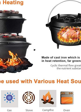 Overmont Camp Dutch Oven Pre Seasoned Cast Iron Lid Also a Skillet Casserole Pot with Lid Lifter for Camping Cooking BBQ Baking 6QT(Pot+Lid)