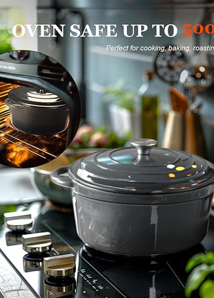 Overmont Enameled Cast Iron Dutch Oven - 4.5QT Pot with Lid Cookbook & Cotton Potholders - Heavy-Duty Cookware for Braising, Stews, Roasting, Bread Baking grey