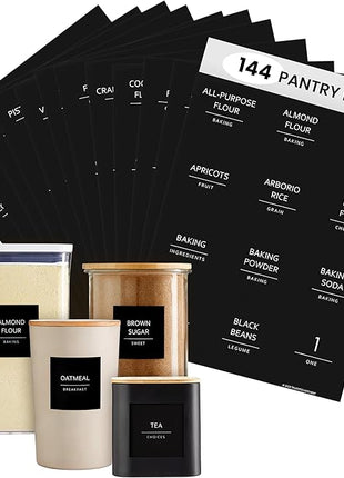 Talented Kitchen 144 Minimalist Pantry Labels – Preprinted White All-Caps on Matte Black Vinyl Stickers, Water-Resistant Adhesive Labels for Kitchen, Jars, Containers, Spices & Pantry Organization