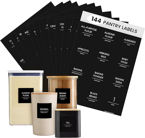 Talented Kitchen 144 Minimalist Pantry Labels – Preprinted White All-Caps on Matte Black Vinyl Stickers, Water-Resistant Adhesive Labels for Kitchen, Jars, Containers, Spices & Pantry Organization