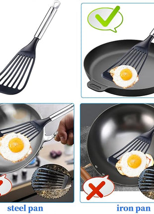 KSENDALO Fish Spatula for Nonstick Pans 2-Pack - Thin Turner for Eggs & Fish | LFGB Nylon, 10,000+ Reviews | Dishwasher Safe