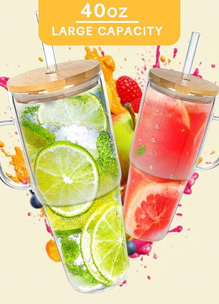 ANOTION Glass Cups with Lids and Straws - 40 Oz Tumbler with Handle and Straw Glass Water Bottles Drinking Glasses with Straws Iced Coffee Cups Travel Coffee Mug Smoothie Tumbler
