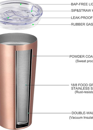 VEGOND 20oz Tumbler Bulk with Lid and Straw 12 Pack, Stainless Steel Vacuum Insulated Tumbler, Double Wall Coffee Cup Travel Mug, Rose Gold