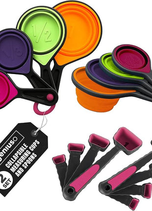 Collapsible Measuring Cups and Nesting Spoons - Adjustable Silicone for Cooking, used for Liquid and Dry Kitchen Items - Portable Portion Control, Dog Food, Kids, Travel, Camper, Space-Saving - 2 Sets