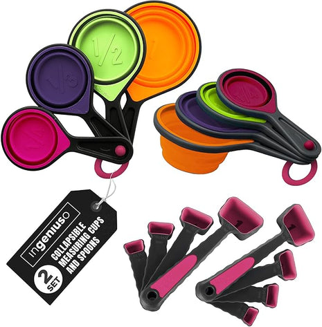 Collapsible Measuring Cups and Nesting Spoons - Adjustable Silicone for Cooking, used for Liquid and Dry Kitchen Items - Portable Portion Control, Dog Food, Kids, Travel, Camper, Space-Saving - 2 Sets