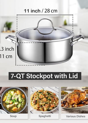 Cooks Standard Dutch Oven Casserole with Glass Lid, 7-Quart Classic Stainless Steel Stockpot, Silver