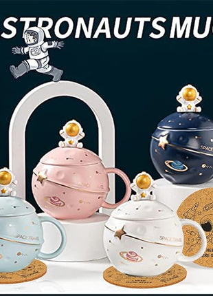 Kawaii Astronaut Cup Space Embossed Planet Mug, Cute Ceramic Coffee Mug, Novelty Mug with Lid and Spoon for Coffee, Tea, Milk, Aesthetic Room Decor Funny Gift for Girl Boy Women((Pink)
