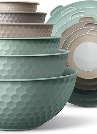 COOK WITH COLOR Mixing Bowls with Lids - 12 Piece Plastic Nesting Bowls Set includes 6 Prep Bowls and 6 Lids, Non Slip Bottom and Embossed Design - Microwave Safe (Mint)