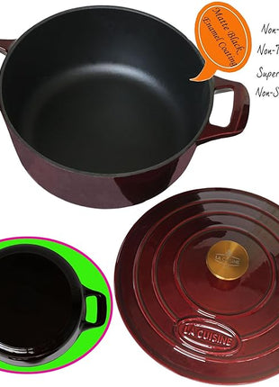 La Cuisine Enameled Cast Iron Dutch Oven Casserole Pot with Lid 6.5 QT 11" /28cm Dia. Internal Matte Black Enamel Coating Gold-Plated SS Lid Handle Oven Safe up to 500° F for bread baking, Cranberry