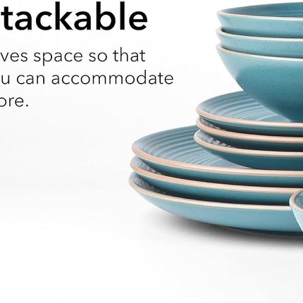 RINGAR Round Stoneware 16pc Dinnerware Set of 4, Dinner Plates, Side Plates, Cereal Bowls, Mugs - Speckle Matte Turquoise (428693)