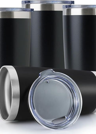 DOMICARE 20oz Stainless Steel Tumbler Bulk with Lid, Double Wall Vacuum Insulated Travel Mug, Powder Coated Coffee Cup, Powder Black, 4 Pack