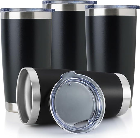 DOMICARE 20oz Stainless Steel Tumbler Bulk with Lid, Double Wall Vacuum Insulated Travel Mug, Powder Coated Coffee Cup, Powder Black, 4 Pack