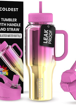 Coldest Tumbler with Handle and Straw - 100% Spill Proof Tumbler with Straw (3 Lids) - Stainless Steel Insulated Leakproof Tumblers for Women & Men - Cup Holder Friendly - 36 oz (SunTan Nova)