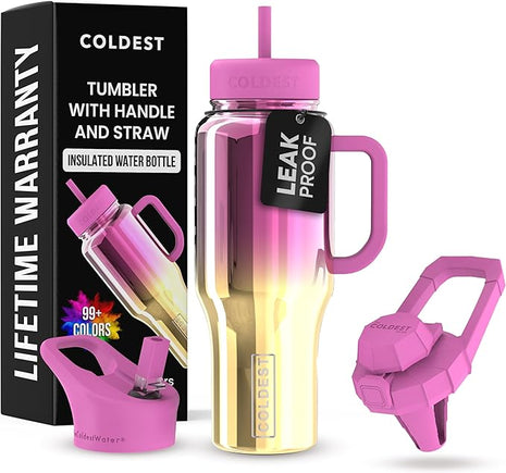 Coldest Tumbler with Handle and Straw - 100% Spill Proof Tumbler with Straw (3 Lids) - Stainless Steel Insulated Leakproof Tumblers for Women & Men - Cup Holder Friendly - 36 oz (SunTan Nova)