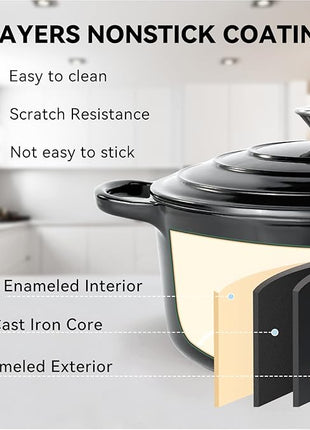 Miereirl 6 Quart Enameled Dutch Oven Pot with Lid, Cast Iron Dutch Oven with Dual Handles for Bread Baking, Cooking, Non-stick Enamel Coated Cookware (Black)
