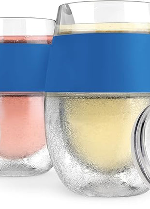 Host Cooling Wine Freeze Cup with Lid, Set of 2 Plastic Double Wall Insulated Tumbler Drink Cup with Freezing Gel for Red and White Wine, Blue
