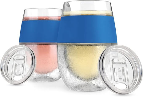 Host Cooling Wine Freeze Cup with Lid, Set of 2 Plastic Double Wall Insulated Tumbler Drink Cup with Freezing Gel for Red and White Wine, Blue