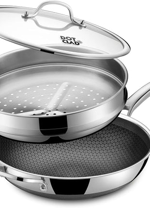 13 Inch Hybrid Stainless Steel Wok with Lid and Steamer Basket, Non Stick Stir Fry Pan, PFOA-Free, Works on Induction, Dishwasher & Oven Safe