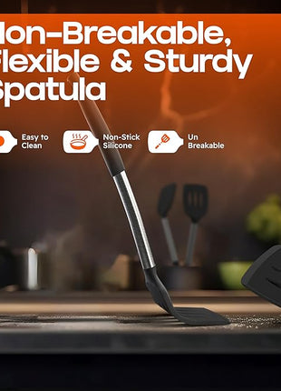 Silicone Spatula Set - Turner Spatulas Silicone Heat Resistant 600°F - Slotted & Solid Spatula for Cooking Fish, Eggs, Pancakes Flipper – Spatulas for kitchen use – Black