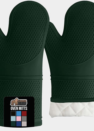 GORILLA GRIP BPA-Free Soft Silicone Oven Mitts, 14.5x8.3, Heat Resistant and Waterproof Cooking Gloves, Thick Cotton Lining, Flexible Gripping for Baking Grilling, Kitchen Potholders Set, Hunter Green