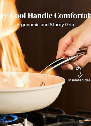 Redchef Nonstick Frying Pans Set, Ceramic Pan Skillet, Non Toxic Pans for Cooking, 8" 9.5" 11" Ceramic Frying Pan Set PFAS & PTFE & PFOA Free with Stay Cool Handle, Dishwasher & Oven Safe, Beige White