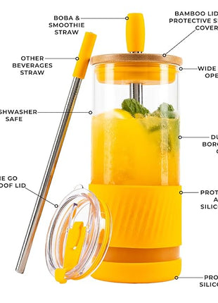 Pandaloo® Glass Cups With Lids and Straws -20 Fl Oz- Perfect Size Iced Coffee Cup - Smoothie Cup With Bamboo Lid and On the go Lid - Glass Tumbler With Straw (1 Count (Pack of 1), Maracuja Dream)
