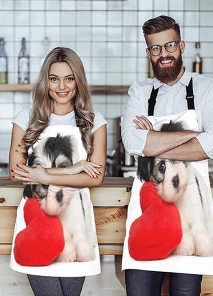EKOBLA Puppy Dog With A Red Heart Aprons Cute Funny Adorable Animal Romantic Valentine's Day Waterproof Resistant Chef Cooking Kitchen BBQ Adjustable Aprons for Women Men 27x31 Inch