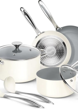 MICHELANGELO Ceramic Pots and Pans Set Non Stick - 8 Pcs Ceramic Cookware Set Non Toxic, Healthy Cooking Set with Ergonomic Handle, Oven Safe & Compatible with All Stovetops - Cream