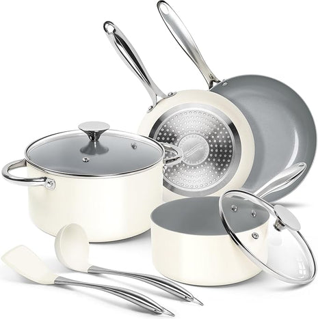 MICHELANGELO Ceramic Pots and Pans Set Non Stick - 8 Pcs Ceramic Cookware Set Non Toxic, Healthy Cooking Set with Ergonomic Handle, Oven Safe & Compatible with All Stovetops - Cream