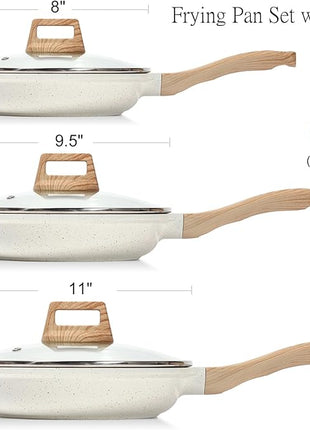 ESLITE LIFE Nonstick Ceramic Frying Pans Skillets Set with Lids, Non-Toxic Egg Omelette Kitchen Cooking Pans Compatible with All Stovetops (Gas, Electric & Induction), PTFE & PFOA Free (White)