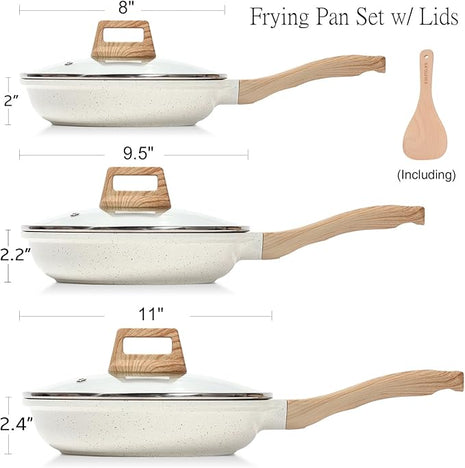 ESLITE LIFE Nonstick Ceramic Frying Pans Skillets Set with Lids, Non-Toxic Egg Omelette Kitchen Cooking Pans Compatible with All Stovetops (Gas, Electric & Induction), PTFE & PFOA Free (White)