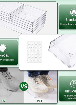 Criusia Drawer Organizer Set, Acrylic Non Slip Non Cracking Kitchen Drawer Storage Tray Large Size Divider, Multifunctional Storage for Cosmetics, Bathroom, Tools, Kitchen and Office (8 PACK)