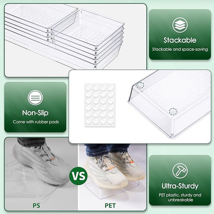 Criusia Drawer Organizer Set, Acrylic Non Slip Non Cracking Kitchen Drawer Storage Tray Large Size Divider, Multifunctional Storage for Cosmetics, Bathroom, Tools, Kitchen and Office (8 PACK)