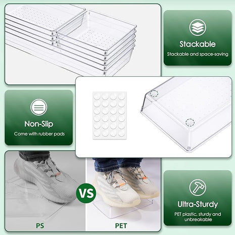 Criusia Drawer Organizer Set, Acrylic Non Slip Non Cracking Kitchen Drawer Storage Tray Large Size Divider, Multifunctional Storage for Cosmetics, Bathroom, Tools, Kitchen and Office (8 PACK)