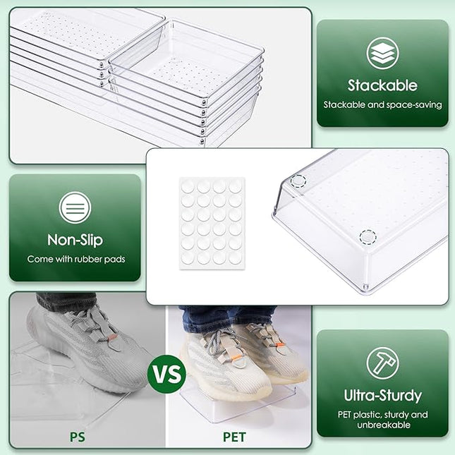 Criusia Drawer Organizer Set, Acrylic Non Slip Non Cracking Kitchen Drawer Storage Tray Large Size Divider, Multifunctional Storage for Cosmetics, Bathroom, Tools, Kitchen and Office (8 PACK)