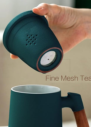 ZENS Tea Cup with Infuser and Lid, 12oz Green Tea Mug for Loose Leaf Tea Steeper, Wood Handle Tea Cup with Fine Tea Strainers Hot Diffusers, Ceramic Mugs Accessories for Tea Lovers Gifts