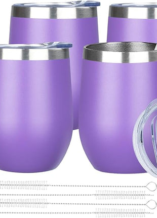 MEZMUT 12 Oz Insulated Wine Tumbler with Lid Double Wall Vacuum Stainless Steel Wine Glass Coffee Mug Insulated Tumbler Cup for Champaign, Cocktail, Beer (Purple, 4 Pack)