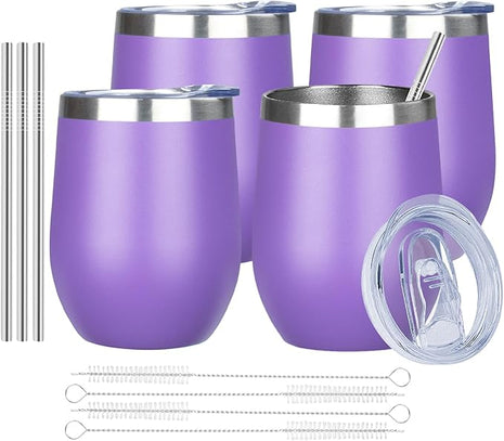 MEZMUT 12 Oz Insulated Wine Tumbler with Lid Double Wall Vacuum Stainless Steel Wine Glass Coffee Mug Insulated Tumbler Cup for Champaign, Cocktail, Beer (Purple, 4 Pack)