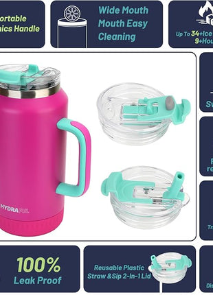 Hydraful 64 oz Tumbler with Handle and Straw - 100% Leak-Proof - Insulated Cup Reusable Stainless Steel Large Water Bottle Travel Mug for Gym, Hiking, and Camping - Gifts for Women Men Him Her