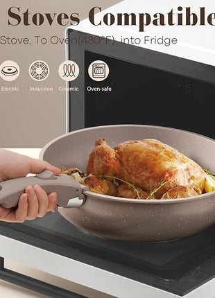 15Pcs Pots and Pans Set Non Stick, Cookware Sets with Detachable Handle, Nonstick RV Kitchen Cooking Tools Removable Handles, Oven Safe, Induction Fast, Stackable Induction Cookware, Brown