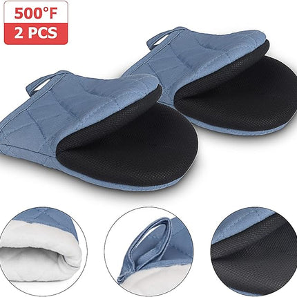 1 Pair Short Oven Mitts, Heat Resistant Silicone Kitchen Mini Oven Mitts for 500 Degrees, Non-Slip Grip Surfaces and Hanging Loop Gloves, Baking Grilling Barbecue Microwave Machine Washable (Sky Blue)