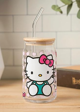 Silver Buffalo Sanrio Hello Kitty Strawberry Milk Bow Pink Polka Dot Glass Jar Tumbler with Bamboo Lid and Glass Straw, 16 Ounces (Pack of 12)