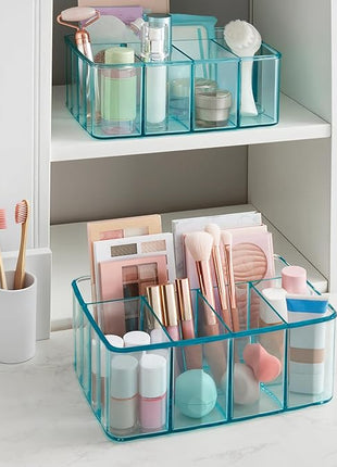 STORi 5-Compartment Plastic Organizer, Ocean Mist, Rectangular Divided Makeup and Vanity Storage Bin and Office Desk Caddy, Scalloped Wall Design, Made in USA