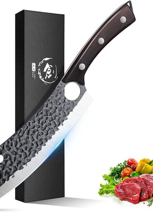 Purple Dragon Kitchen Knife 8 Inch Ultra Sharp Japanese Butcher Knife for Meat Cleaver Vegetable Cutting with Finger Hole Hand Forged High Carbon Steel Chef Knives Christmas Gift for Men and Women